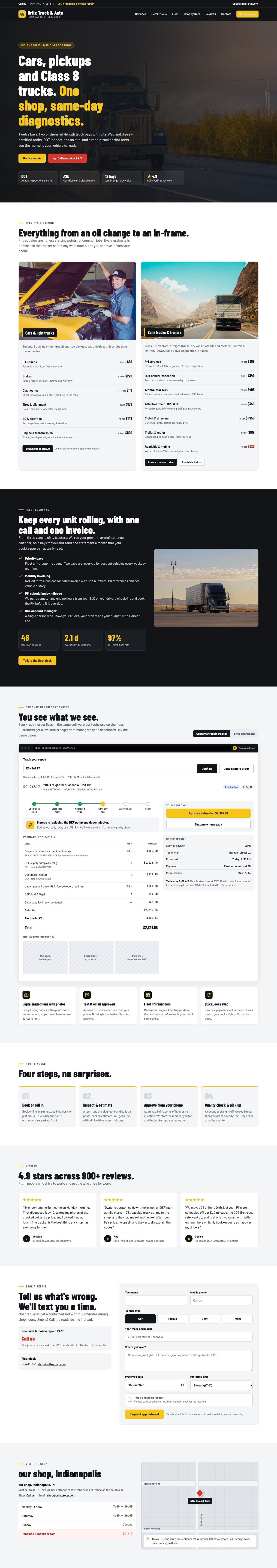 Full-page screenshot of the Ortix Truck & Auto sample site on desktop